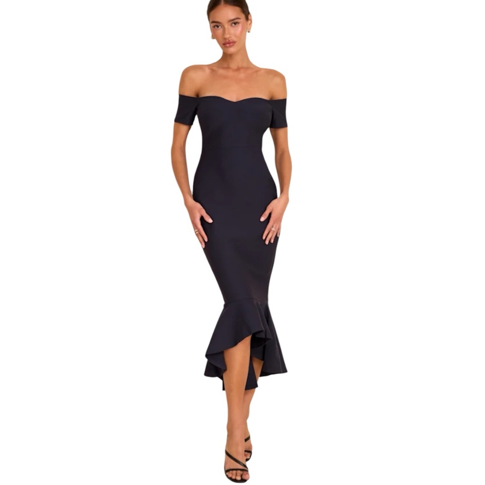 Lulus How Much I Care Midnight Blue Off The Shoulder Body con Midi Dress New L